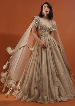 Champagne Gold Akasia Gown With Tassel Wing Cape Sleeves - NOOR 2022
