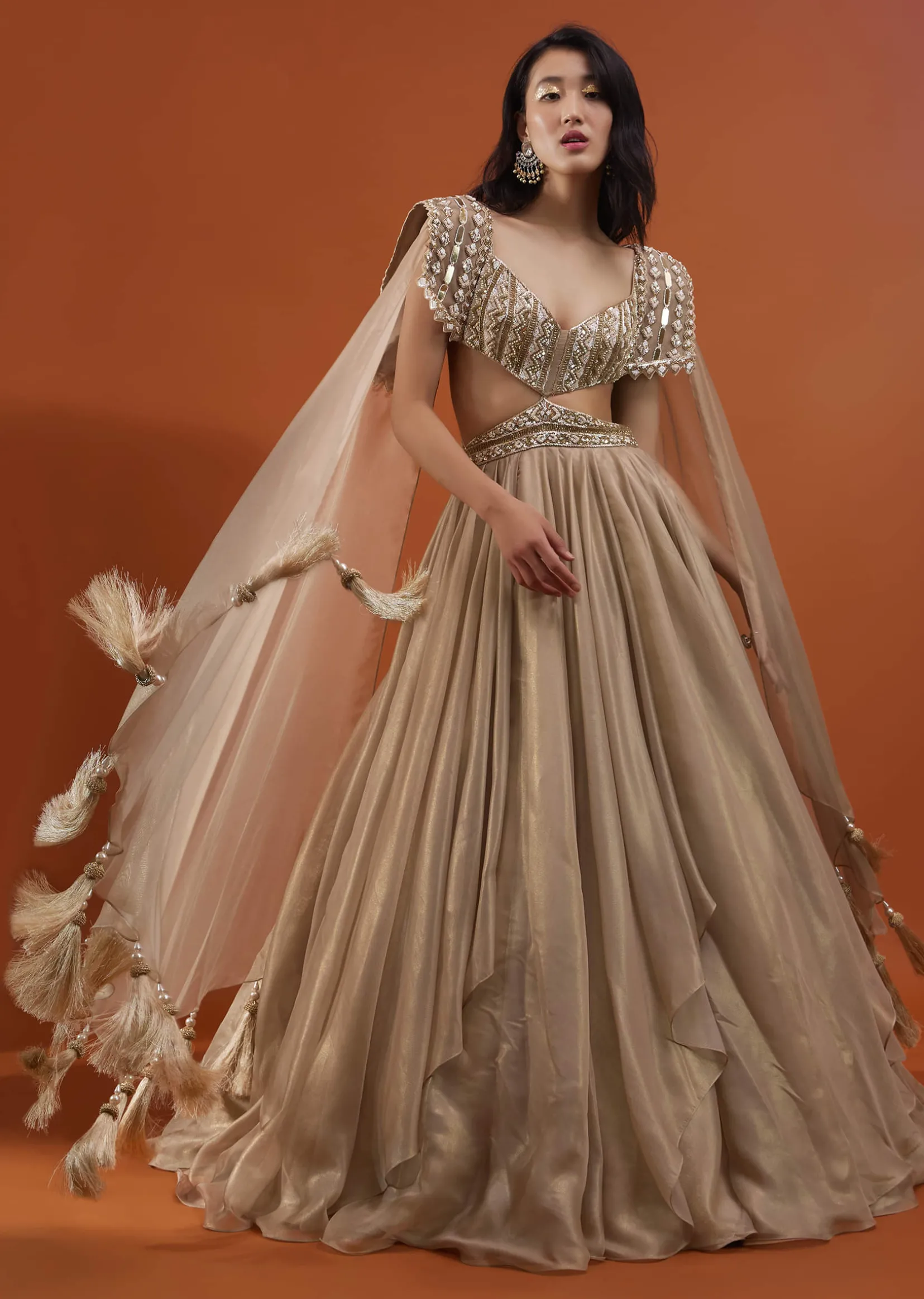 Champagne Gold Akasia Gown With Tassel Wing Cape Sleeves - NOOR 2022