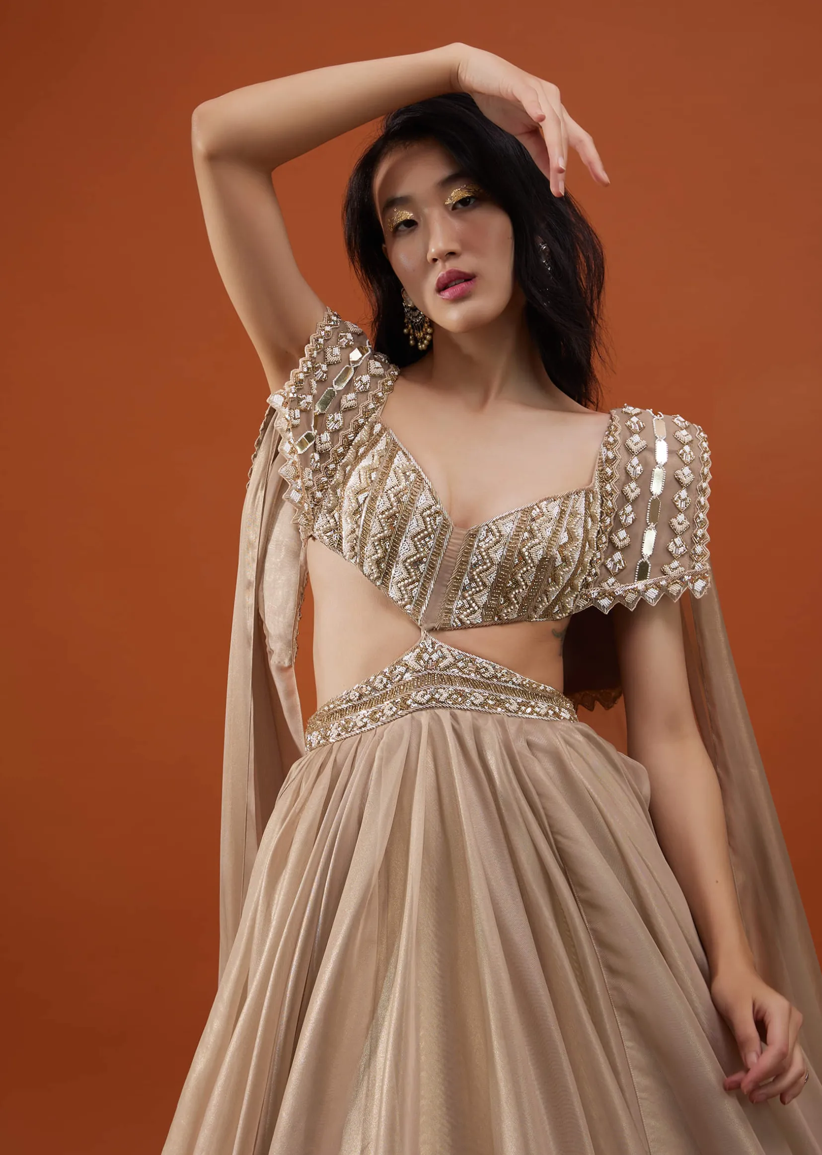 Champagne Gold Akasia Gown With Tassel Wing Cape Sleeves - NOOR 2022
