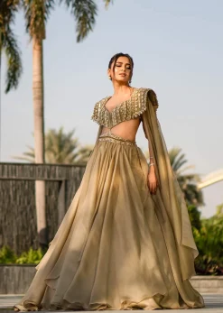 Champagne Gold Akasia Gown With Tassel Wing Cape Sleeves - NOOR 2022