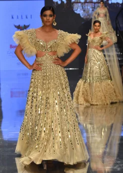 Champagne Gold Angelic Gown In Net With Ruffle Sleeves And Mirror Work - NOOR 2022