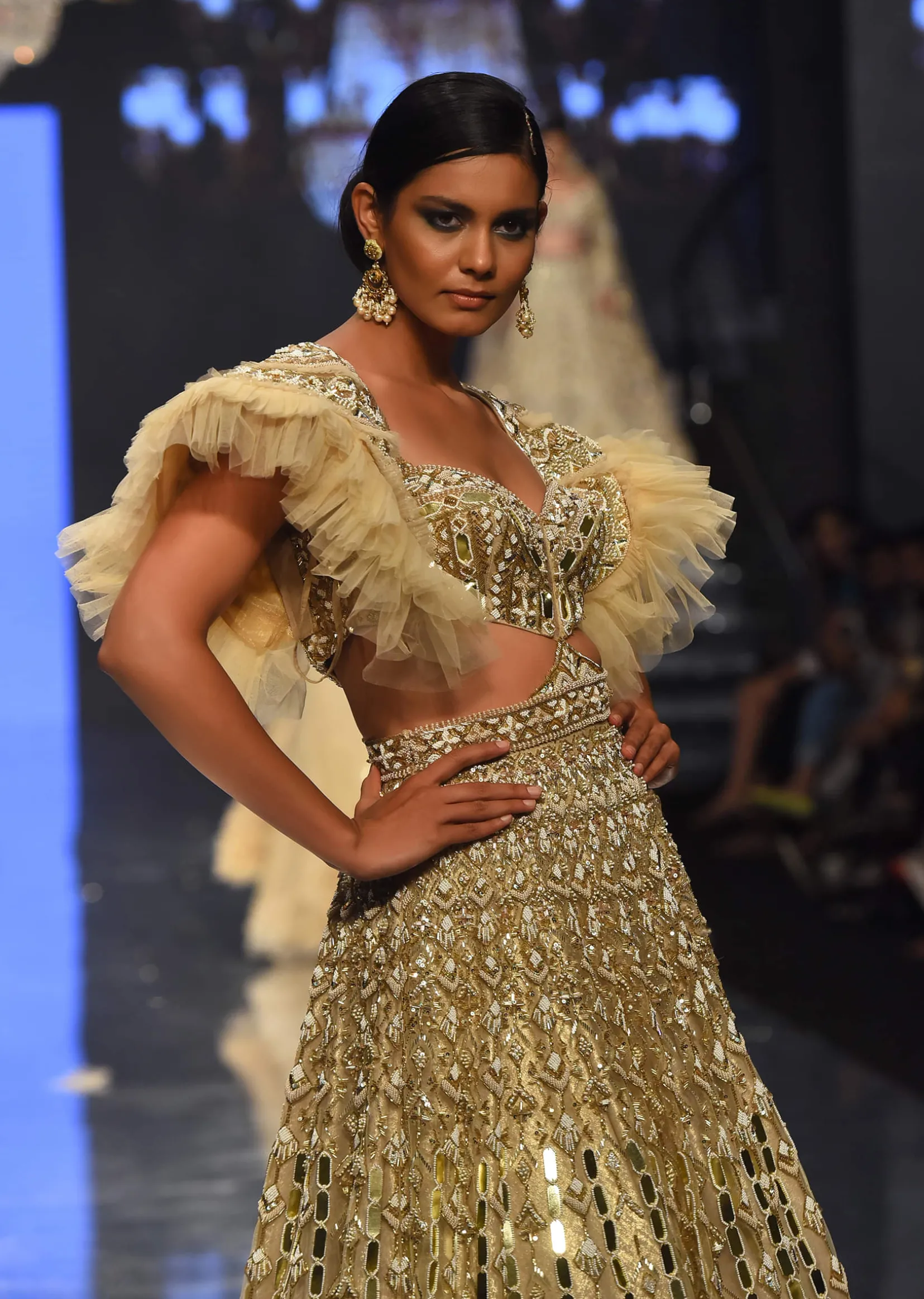 Champagne Gold Angelic Gown In Net With Ruffle Sleeves And Mirror Work - NOOR 2022