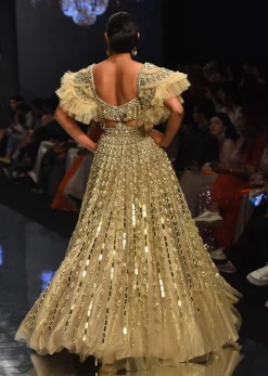 Champagne Gold Angelic Gown In Net With Ruffle Sleeves And Mirror Work - NOOR 2022