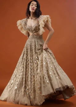 Champagne Gold Angelic Gown In Net With Ruffle Sleeves And Mirror Work - NOOR 2022