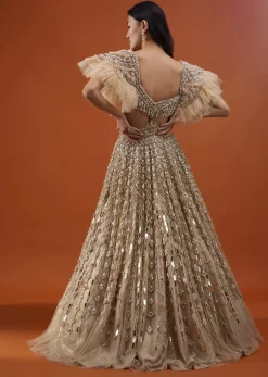 Champagne Gold Angelic Gown In Net With Ruffle Sleeves And Mirror Work - NOOR 2022