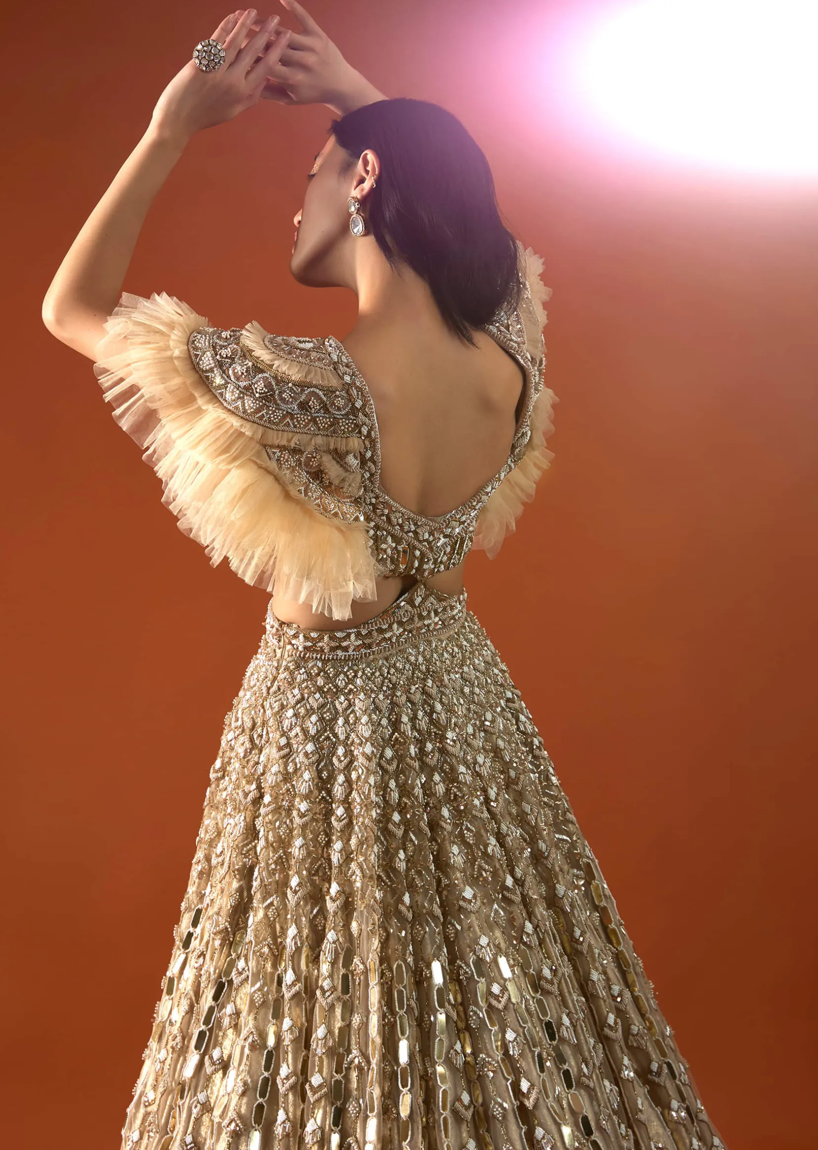 Champagne Gold Angelic Gown In Net With Ruffle Sleeves And Mirror Work - NOOR 2022