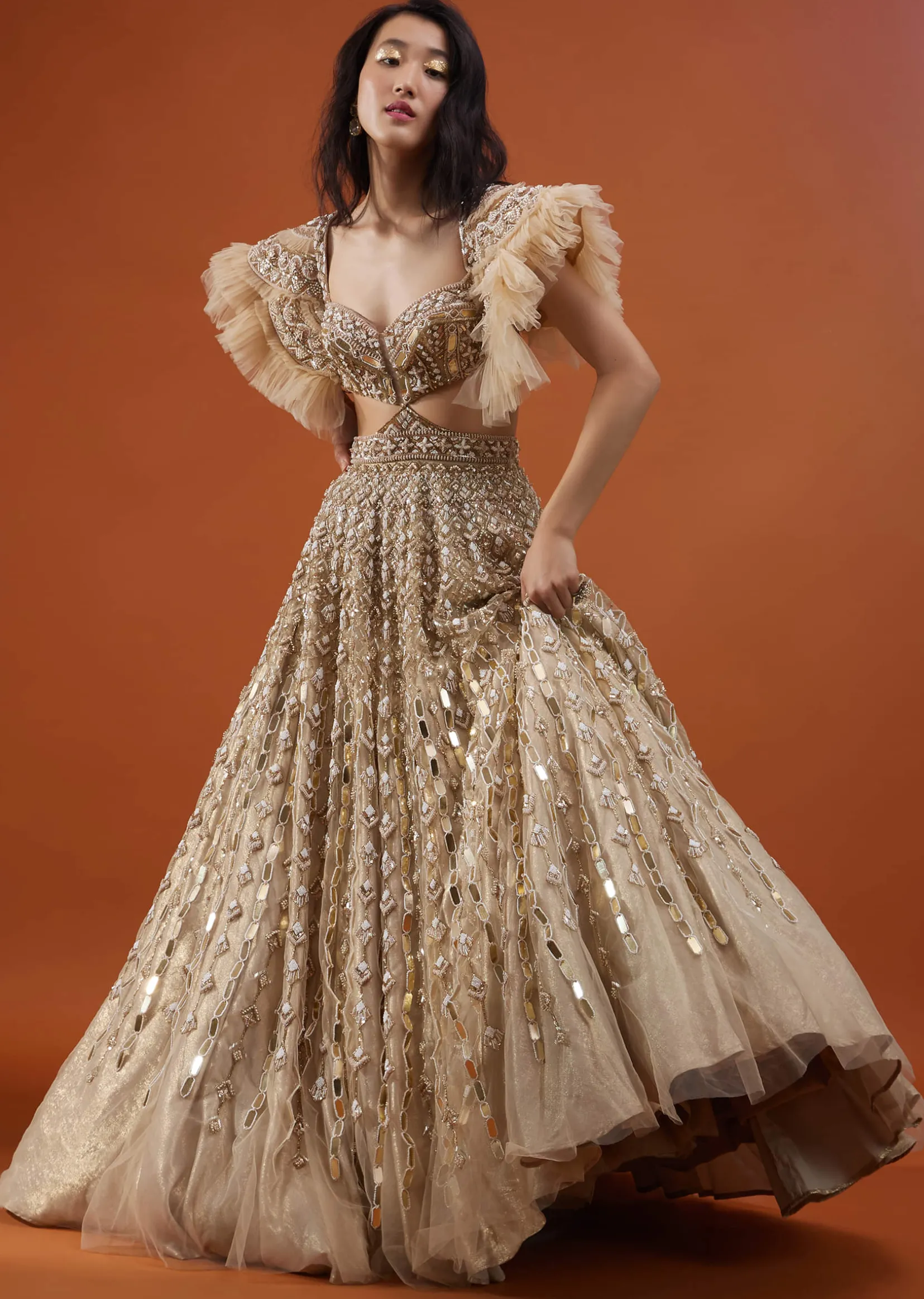 Champagne Gold Angelic Net Gown With Mirror Work And Ruffle Sleeves - NOOR 2022