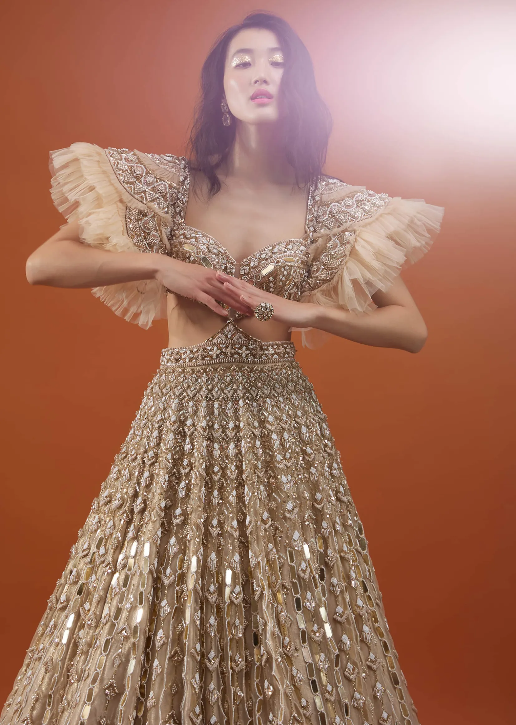 Champagne Gold Angelic Net Gown With Mirror Work And Ruffle Sleeves - NOOR 2022