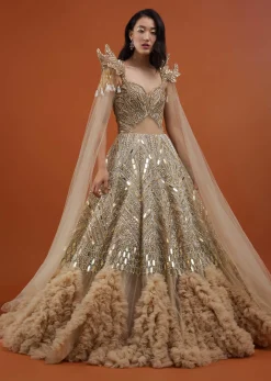 Champagne Gold Divine Net Fabricated Gown With Ruffle Frill Adornment - NOOR 2022
