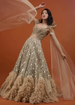 Champagne Gold Divine Net Fabricated Gown With Ruffle Frill Adornment - NOOR 2022