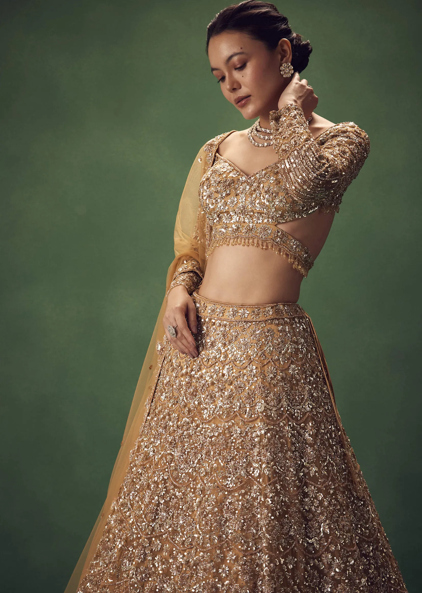 Champagne Gold Hand Embroidered Sequin Work Lehenga Set