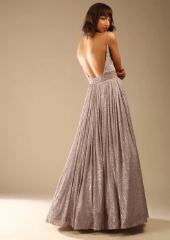 Champagne Gown Embellished In Sequins With Cut Dana Embellished Sheer Net On The Waist And Criss Cross Straps On The Neckline Online - Kalki Fashion