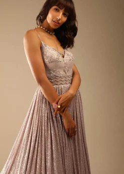 Champagne Gown Embellished In Sequins With Cut Dana Embellished Sheer Net On The Waist And Criss Cross Straps On The Neckline Online - Kalki Fashion