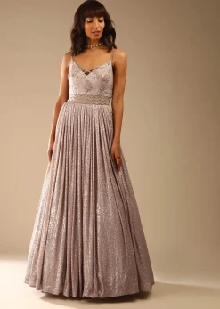 Champagne Gown Embellished In Sequins With Cut Dana Embellished Sheer Net On The Waist And Criss Cross Straps On The Neckline Online - Kalki Fashion