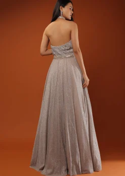 Champagne Gown In Shimmer Crush With Halter Neckline And Pleated Bodice Featuring Sheer Cut Out