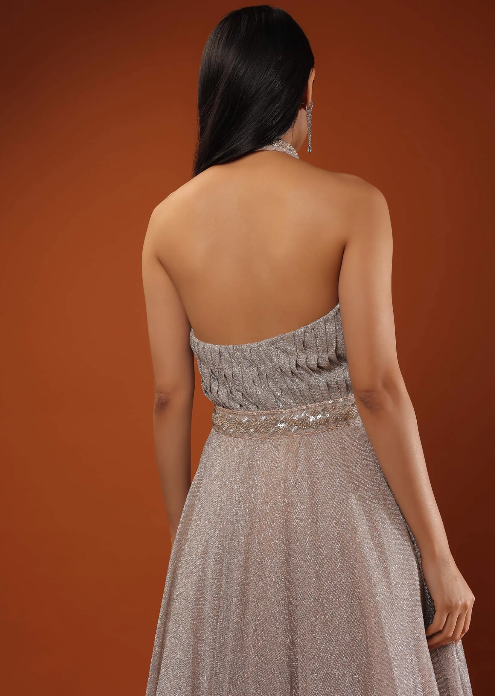 Champagne Gown In Shimmer Crush With Halter Neckline And Pleated Bodice Featuring Sheer Cut Out