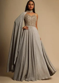 Champagne Gown With Embellished Sweetheart Cut Bodice And Spaghetti Straps Online - Kalki Fashion