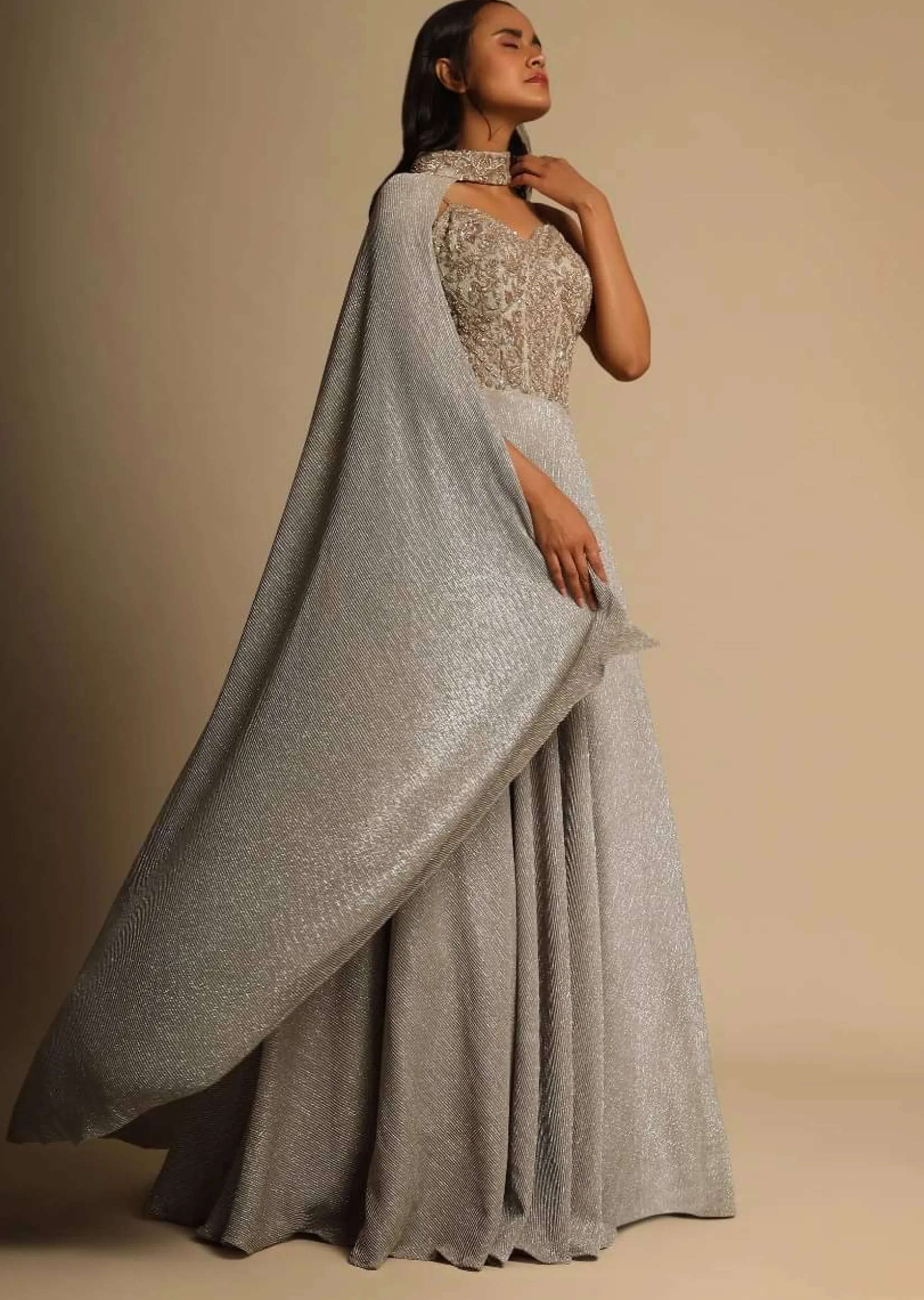Champagne Gown With Embellished Sweetheart Cut Bodice And Spaghetti Straps Online - Kalki Fashion