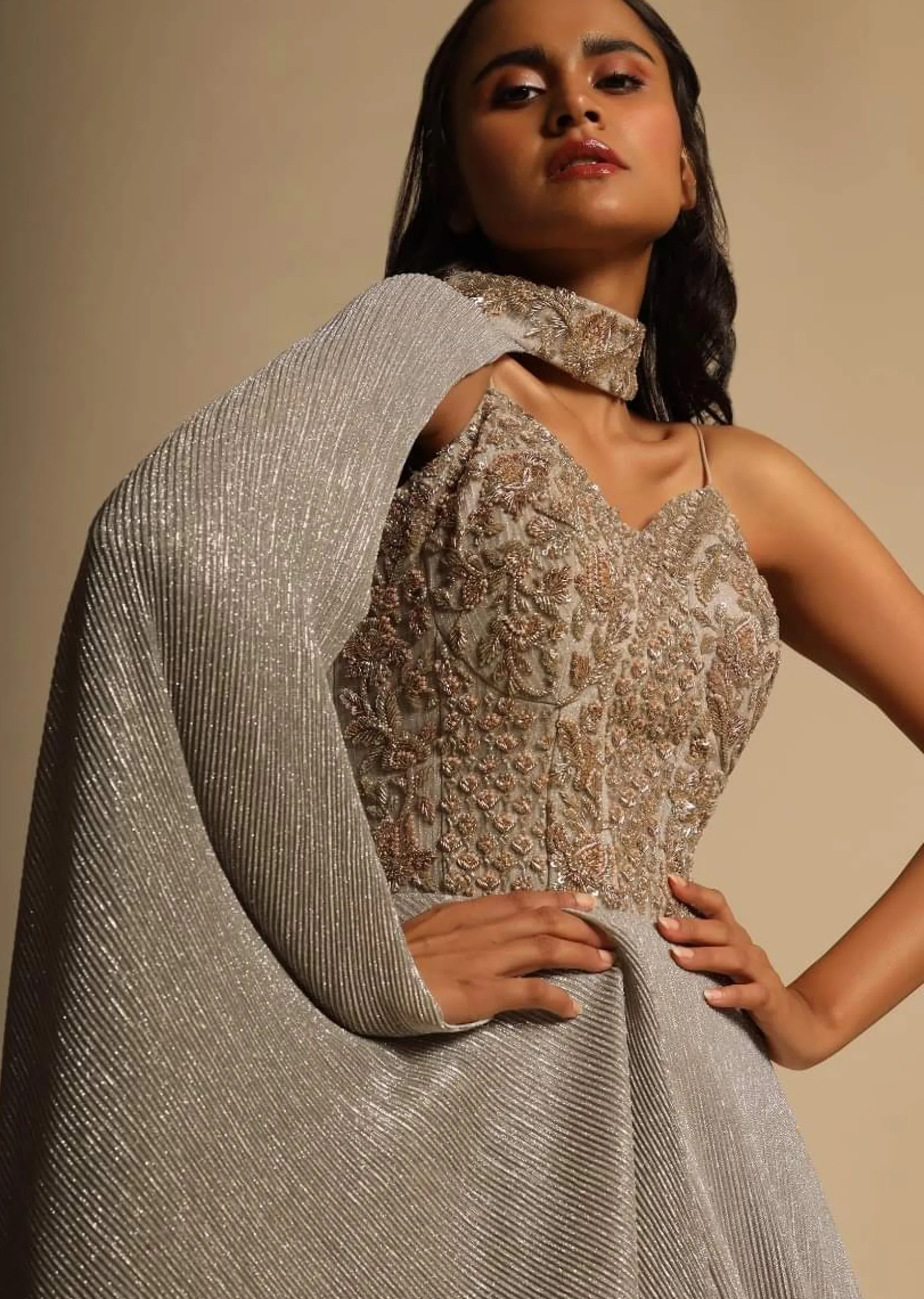 Champagne Gown With Embellished Sweetheart Cut Bodice And Spaghetti Straps Online - Kalki Fashion
