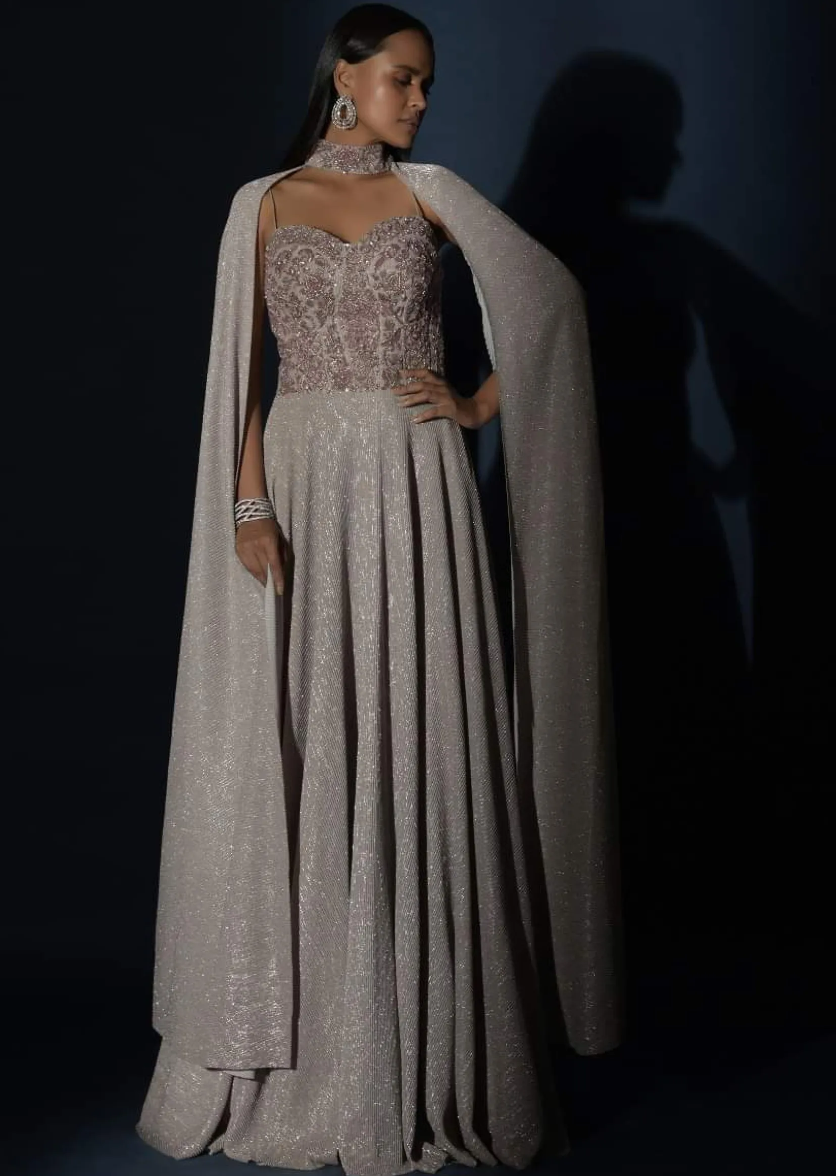 Champagne Gown With Embellished Sweetheart Cut Bodice And Spaghetti Straps Online - Kalki Fashion