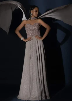 Champagne Gown With Embellished Sweetheart Cut Bodice And Spaghetti Straps Online - Kalki Fashion