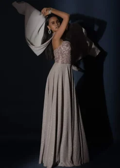 Champagne Gown With Embellished Sweetheart Cut Bodice And Spaghetti Straps Online - Kalki Fashion