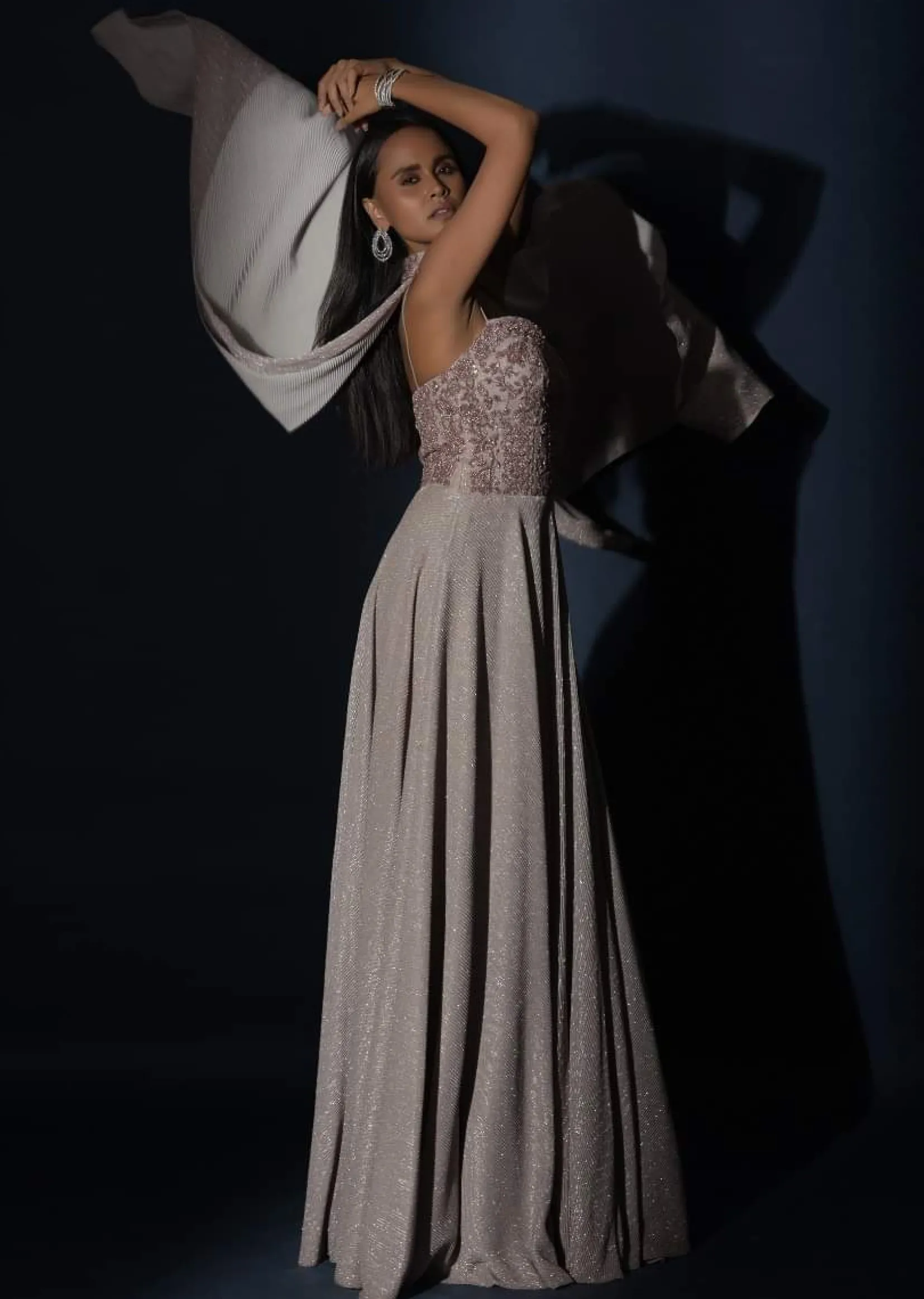 Champagne Gown With Embellished Sweetheart Cut Bodice And Spaghetti Straps Online - Kalki Fashion