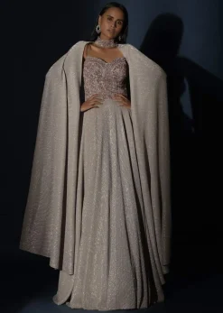 Champagne Gown With Embellished Sweetheart Cut Bodice And Spaghetti Straps Online - Kalki Fashion