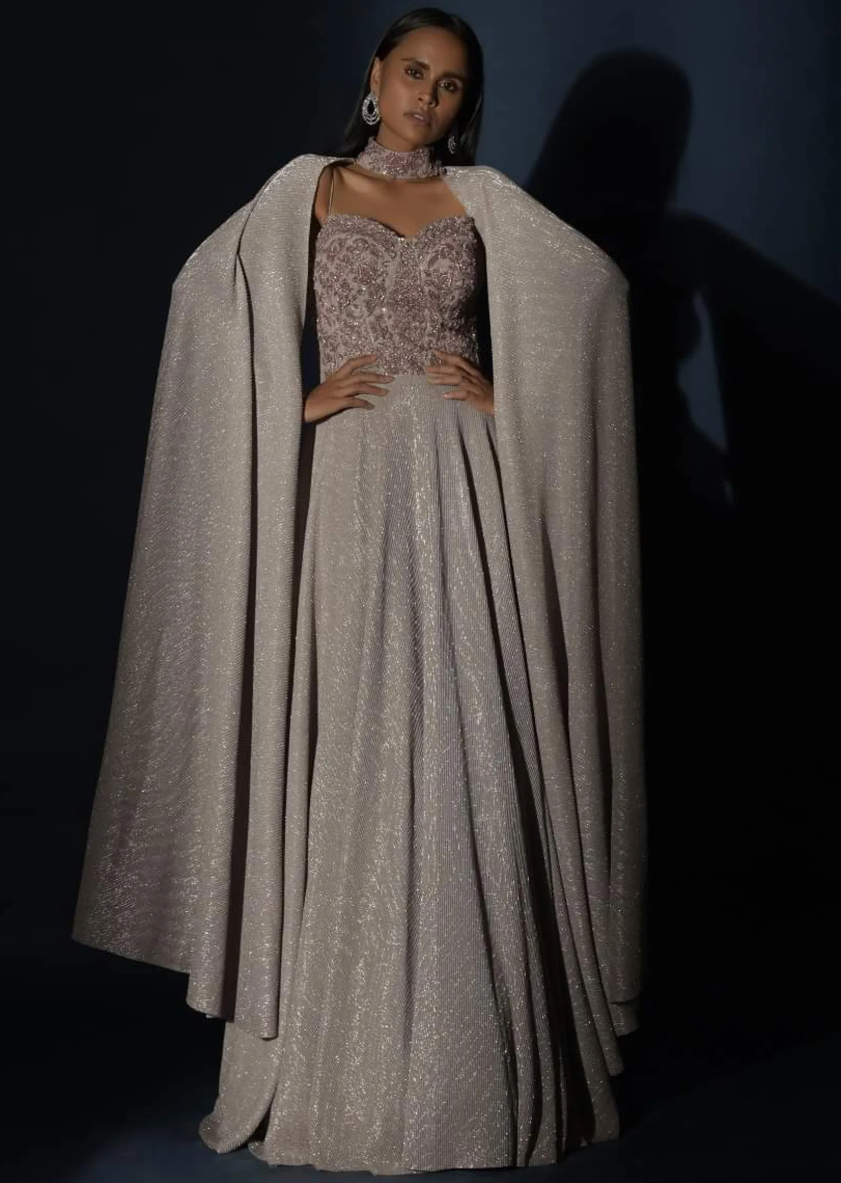 Champagne Gown With Embellished Sweetheart Cut Bodice And Spaghetti Straps Online - Kalki Fashion