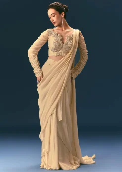 Champagne Peach Embroidered Readymade Saree With 3D Applique Blouse