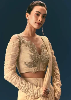 Champagne Peach Embroidered Readymade Saree With 3D Applique Blouse