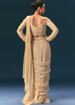 Champagne Peach Embroidered Readymade Saree With 3D Applique Blouse