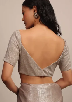 Champagne Silver Blouse With Sweetheart Neckline In Lycra Shimmer