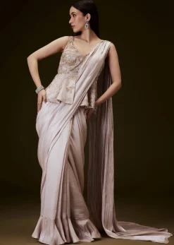 Champion Peach Sequence Embroidered Peplum Top With Saree
