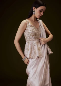 Champion Peach Sequence Embroidered Peplum Top With Saree