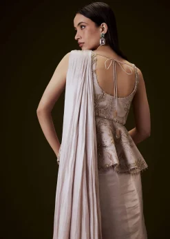 Champion Peach Sequence Embroidered Peplum Top With Saree