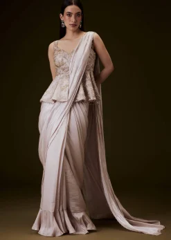 Champion Peach Sequence Embroidered Peplum Top With Saree