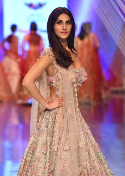 Charm Pink Rumi Lehenga Set In 3D Flower Motifs And Abla Embroidery, Crop Top Comes With The Similar Embroidery
