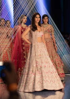 Charm Pink Rumi Lehenga Set In 3D Flower Motifs And Abla Embroidery, Crop Top Comes With The Similar Embroidery