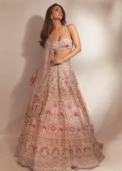 Charm Pink Rumi Lehenga Set In 3D Flower Motifs And Abla Embroidery, Crop Top Comes With The Similar Embroidery