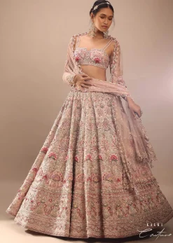 Charm Pink Rumi Lehenga Set With Matching Crop Top In 3D Flower Motifs And Abla Embroidery