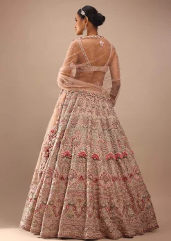 Charm Pink Rumi Lehenga Set With Matching Crop Top In 3D Flower Motifs And Abla Embroidery