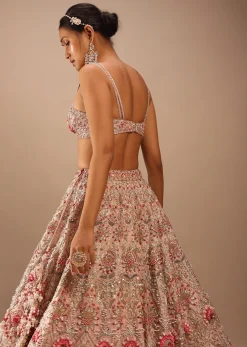 Charm Pink Rumi Lehenga Set With Matching Crop Top In 3D Flower Motifs And Abla Embroidery
