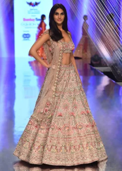 Charm Pink Rumi Lehenga Set With Matching Crop Top In 3D Flower Motifs And Abla Embroidery