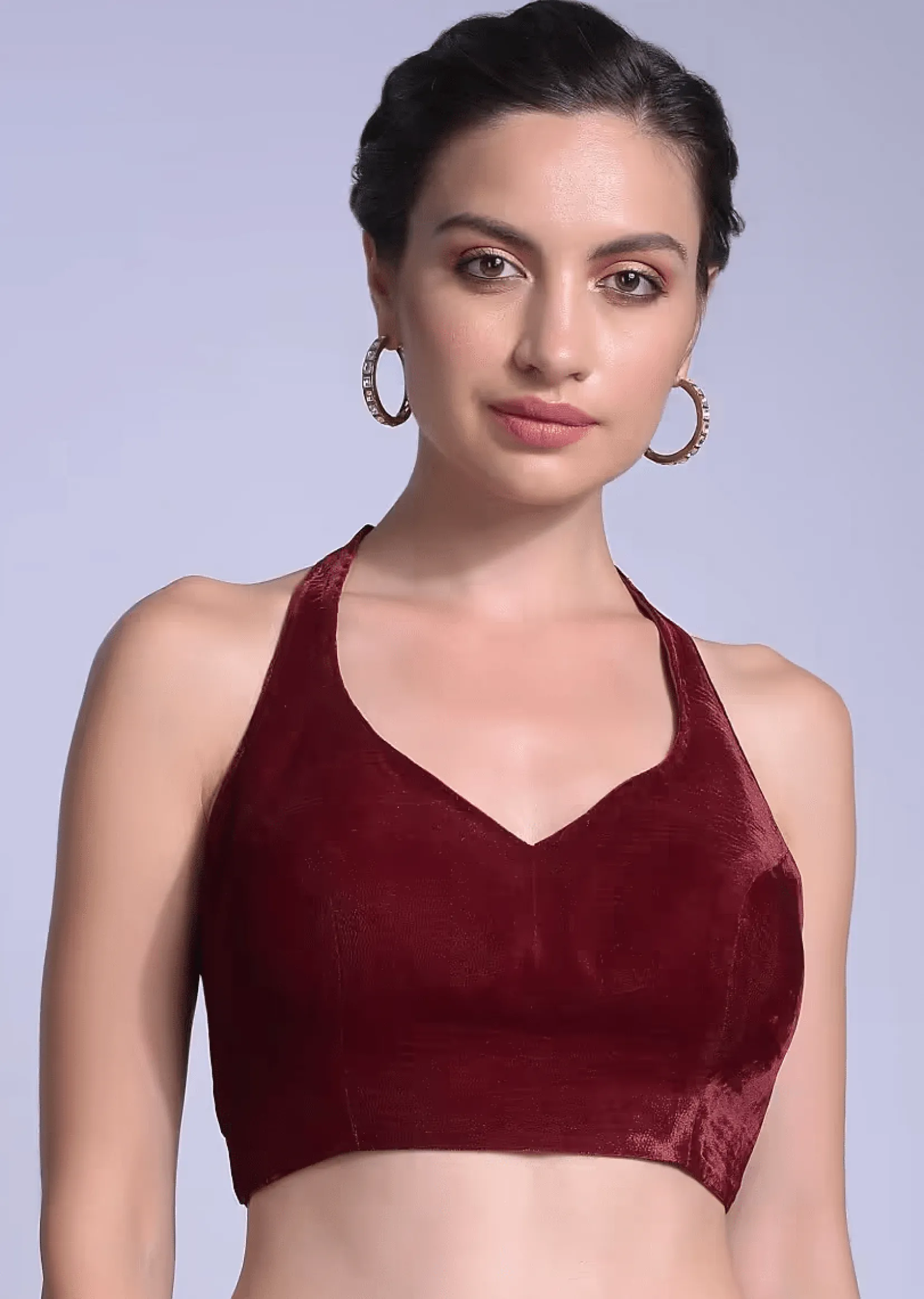 Cherry Red Blouse In Velvet With Halter Straps And Sweetheart Neckline