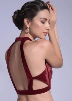 Cherry Red Blouse In Velvet With Halter Straps And Sweetheart Neckline