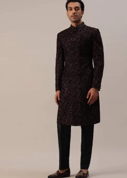 Cherry Red Embroidered Sherwani Set In Velvet