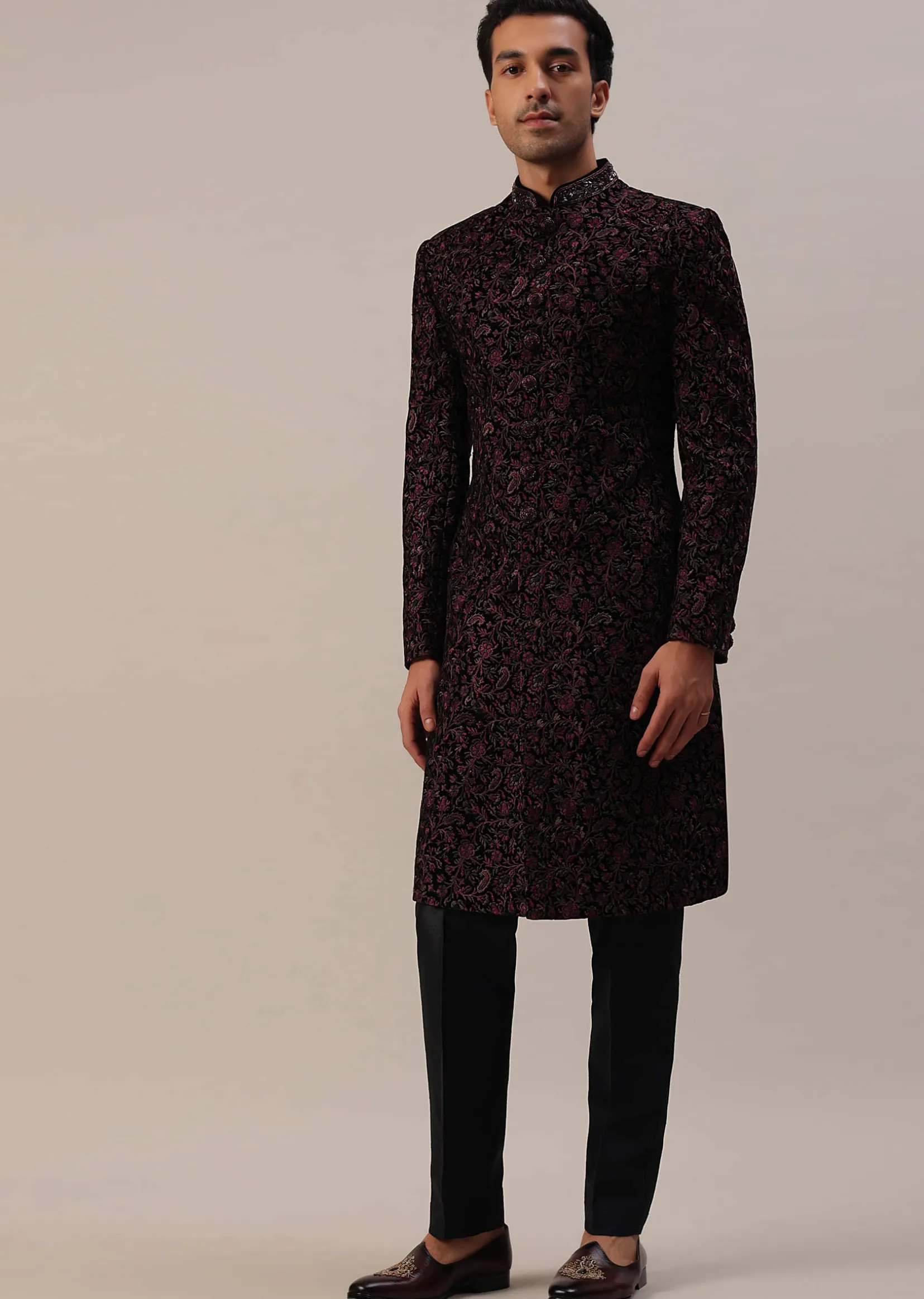 Cherry Red Embroidered Sherwani Set In Velvet