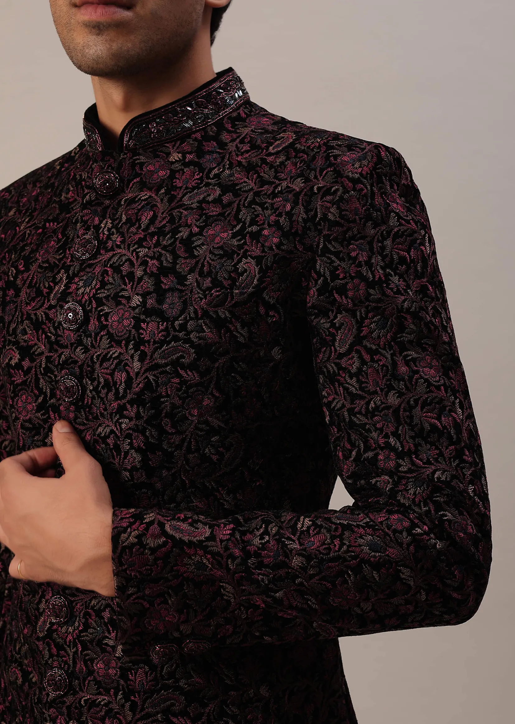 Cherry Red Embroidered Sherwani Set In Velvet