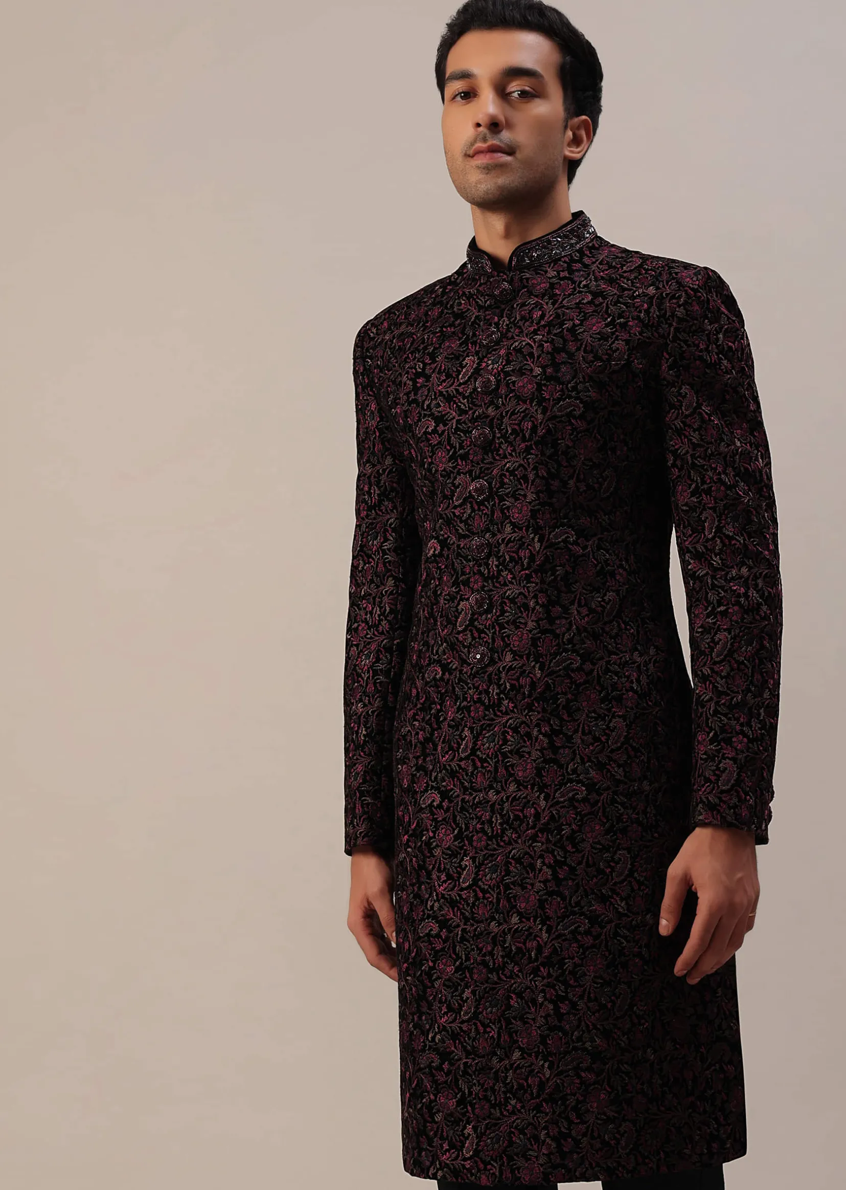 Cherry Red Embroidered Sherwani Set In Velvet